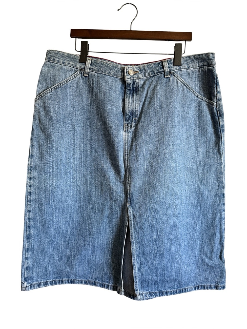 Tommy Hilfiger Light Wash Denim Midi Jean Skirt with Front Split